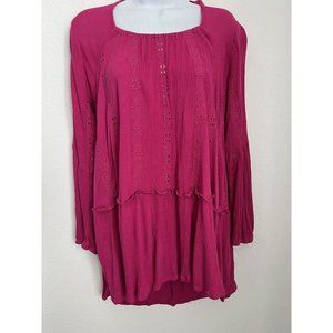 Adiva Womens Medium Tunic Dress Pullover Pink Eyelet Tiers Keyhole Back Ruffled